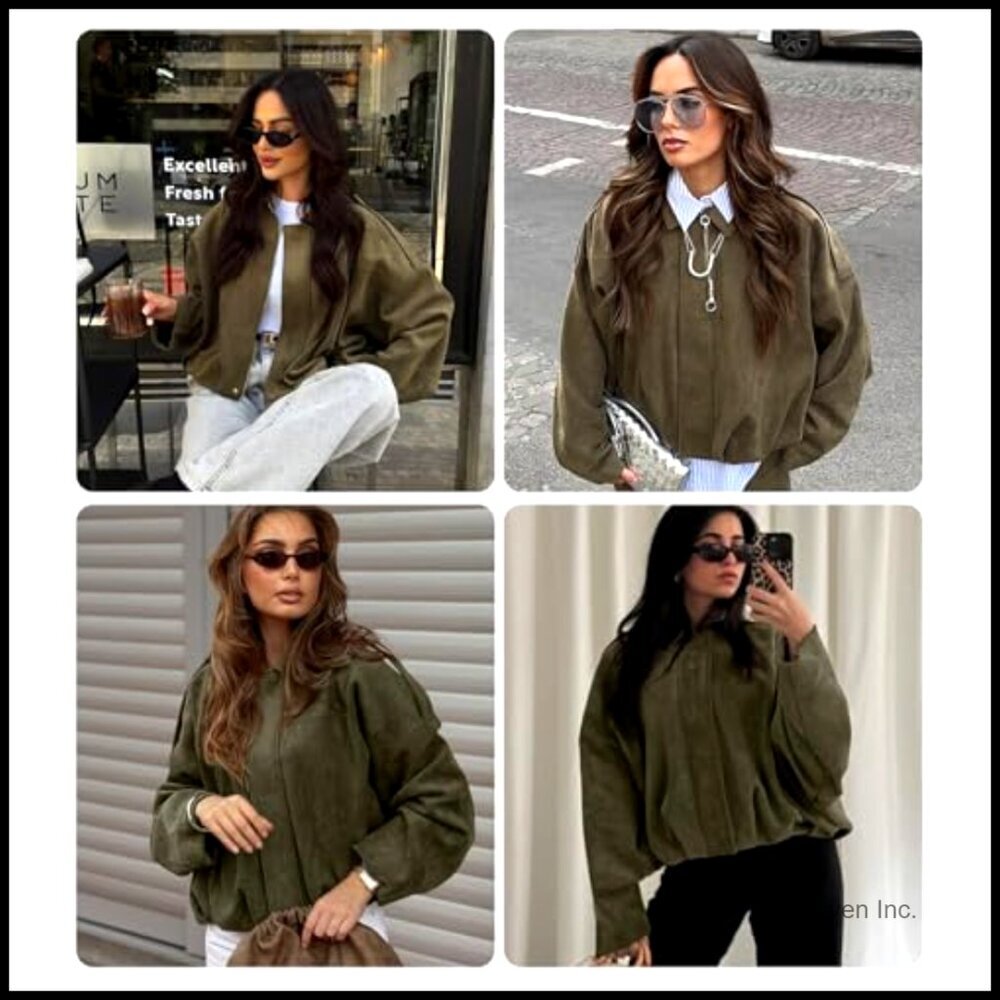 Oversized Faux Suede Bomber Jacket Cropped Lapel Streetwear Pilot Coat - Picture 6 of 7